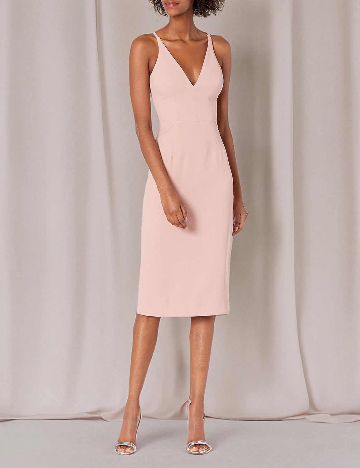 Dress the Population Lyla plunging sleeveless fitted midi sheath dress in [color] — view 3