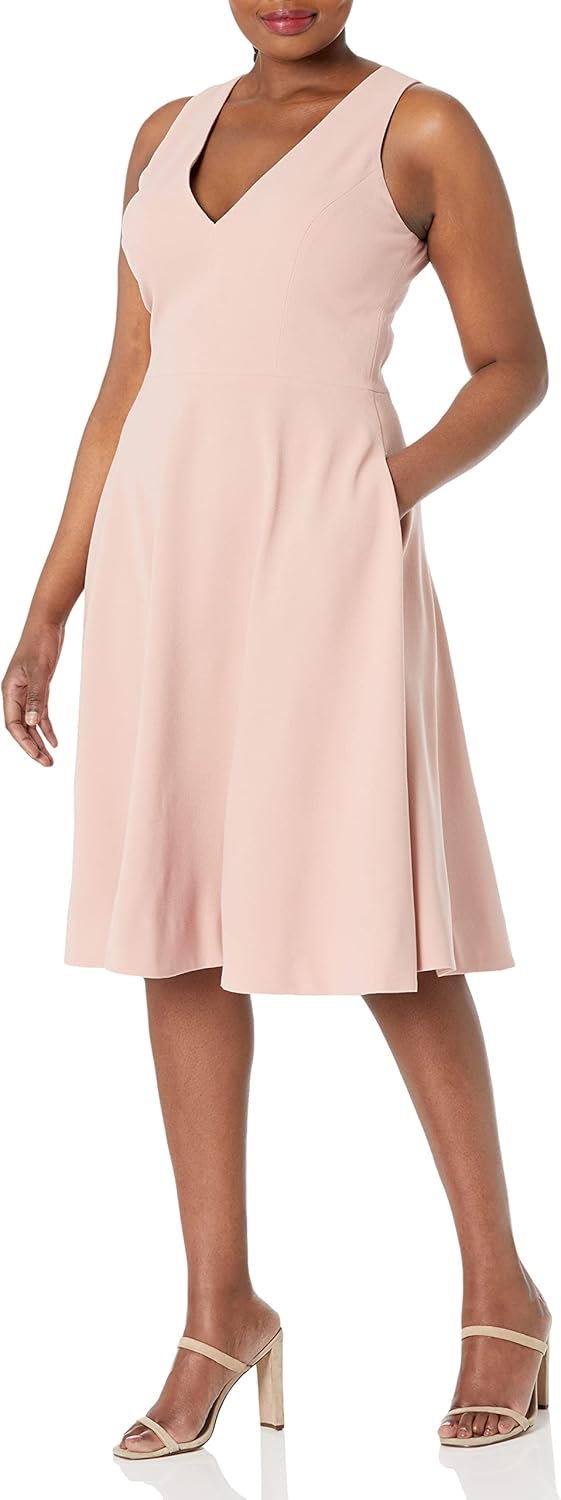 Dress the Population Catalina solid sleeveless fit and flare midi dress in {color} — view 4