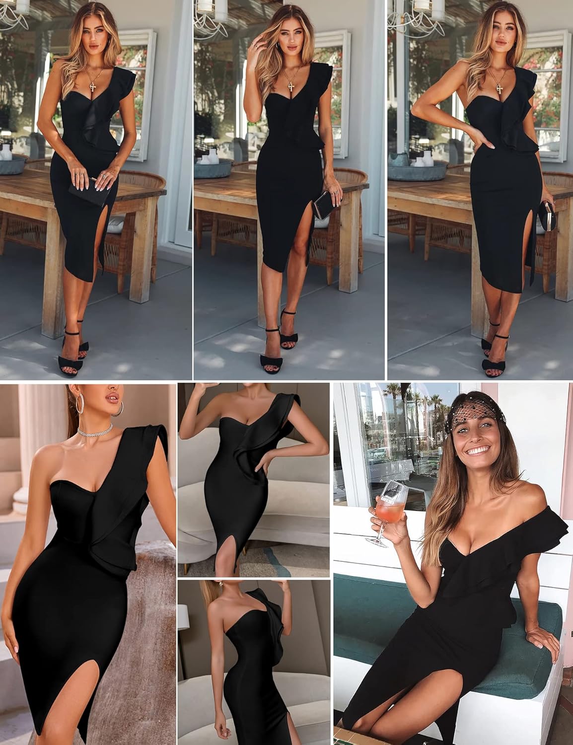 One shoulder ruffle bodycon dress with side split in [color], styled for [wedding guest/date night/party occasion] — side