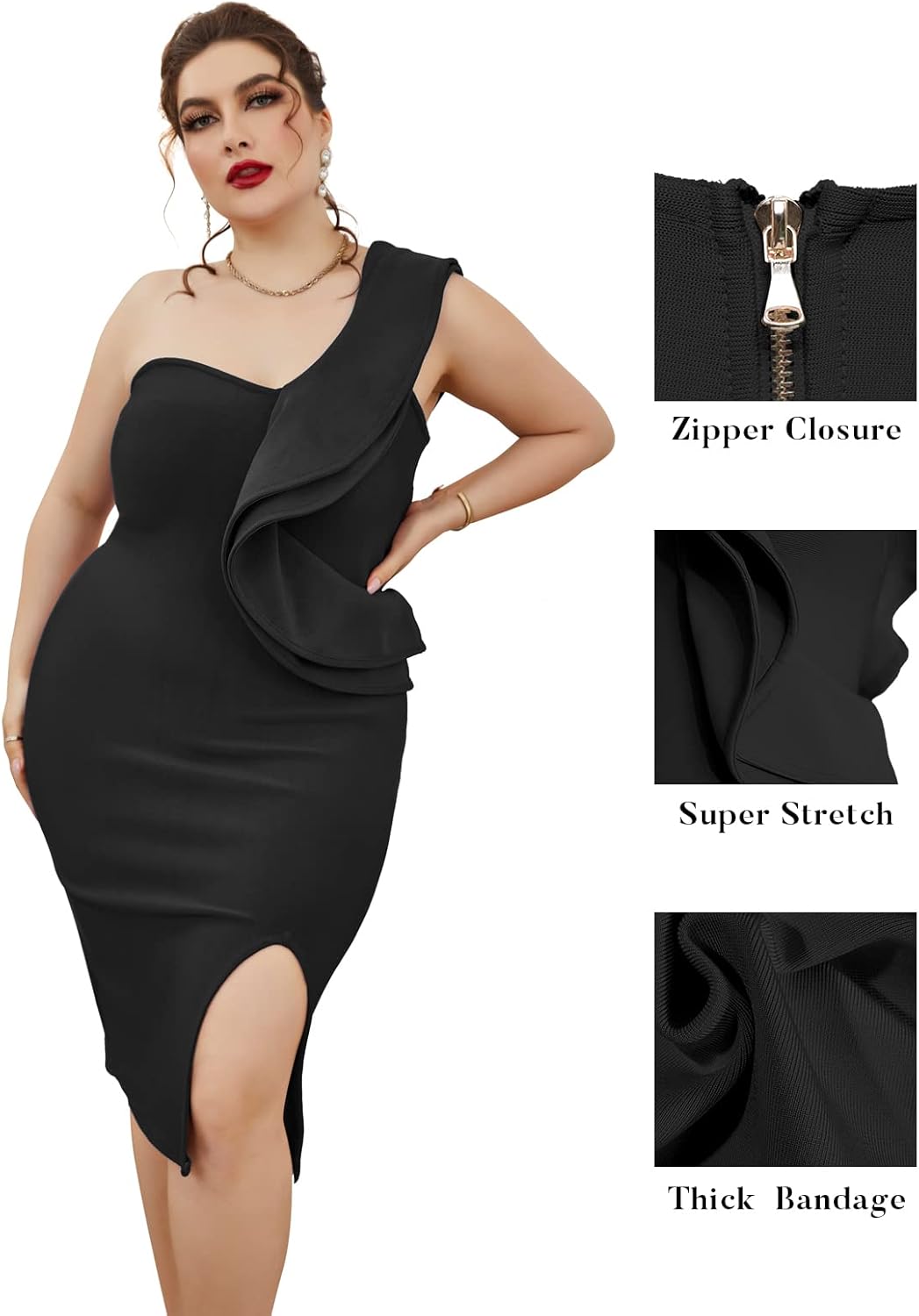 One shoulder ruffle bodycon dress with side split in [color], styled for [wedding guest/date night/party occasion] — detail