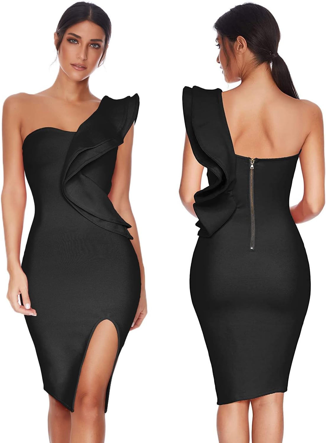 meilun one shoulder ruffle bandage dress in [color] featuring side split detail and romantic ruffled neckline — view 2