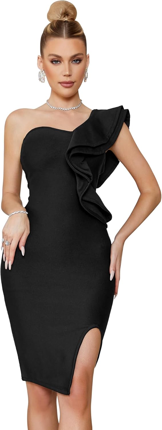 meilun one shoulder ruffle bandage dress in [color] featuring side split detail and romantic ruffled neckline — view 3