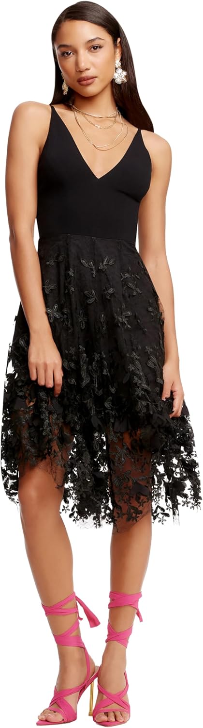 Sleeveless fit and flare midi dress with plunging neckline in [color], styled for date night — front
