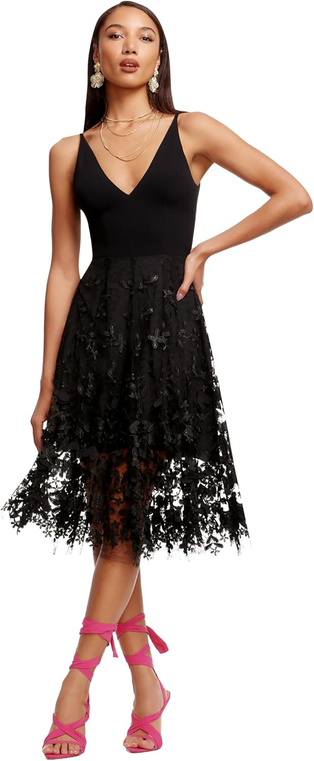 Sleeveless fit and flare midi dress with plunging neckline in [color], styled for date night — side