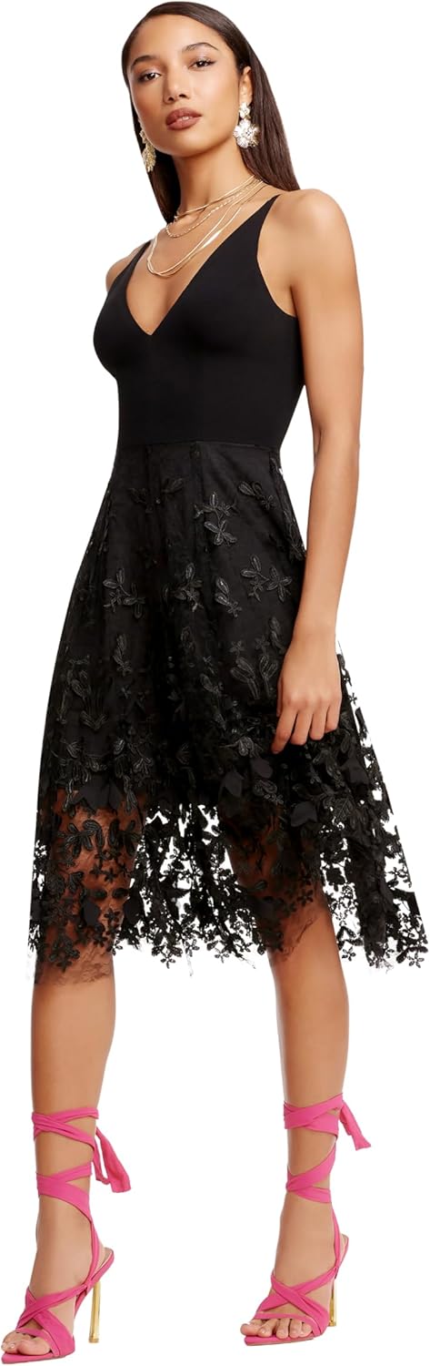 Sleeveless fit and flare midi dress with plunging neckline in [color], styled for date night — back