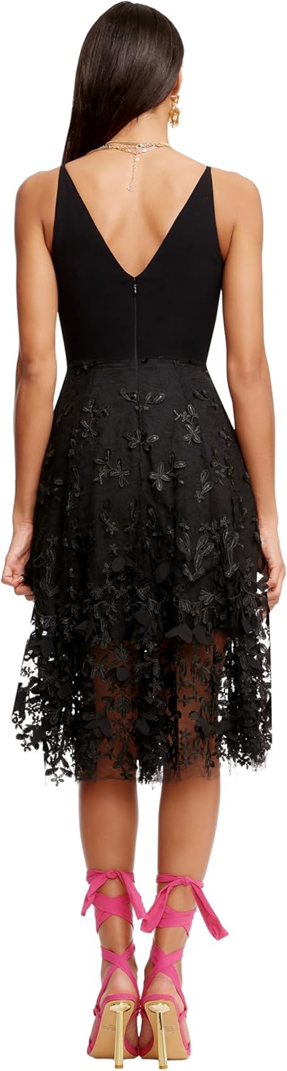 Sleeveless fit and flare midi dress with plunging neckline in [color], styled for date night — detail