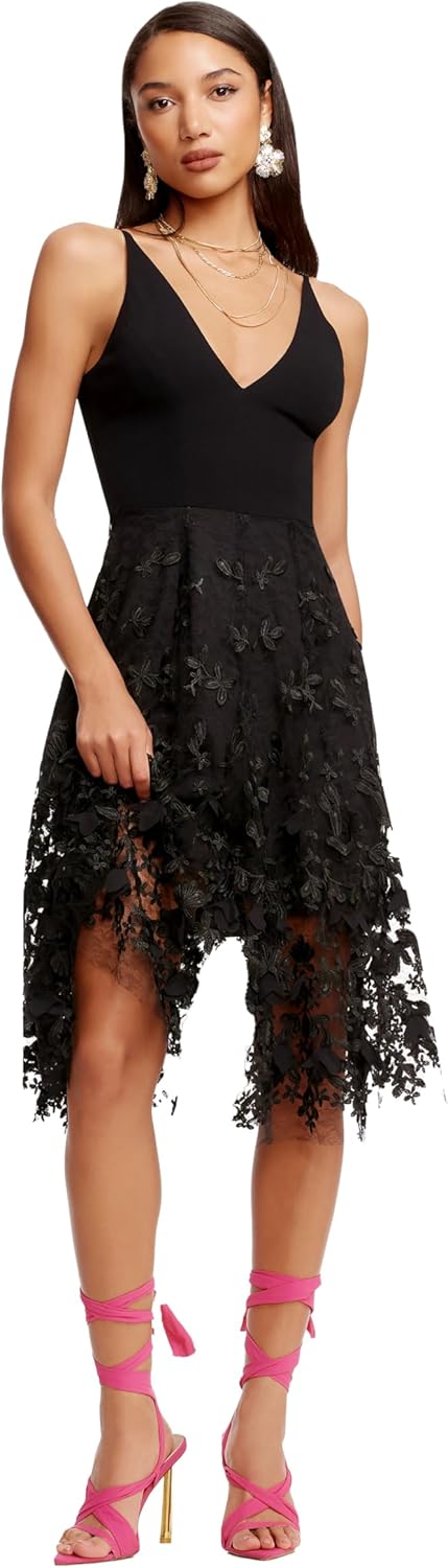 Dress the Population Darleen sleeveless plunging neckline fit and flare midi dress in [color] — view 2