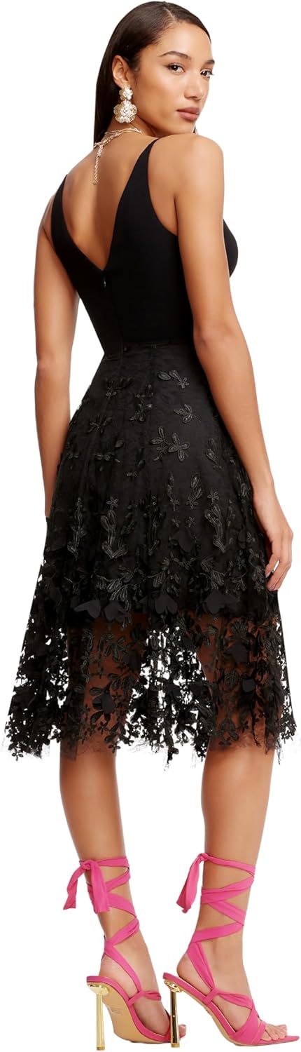 Dress the Population Darleen sleeveless plunging neckline fit and flare midi dress in [color] — view 3