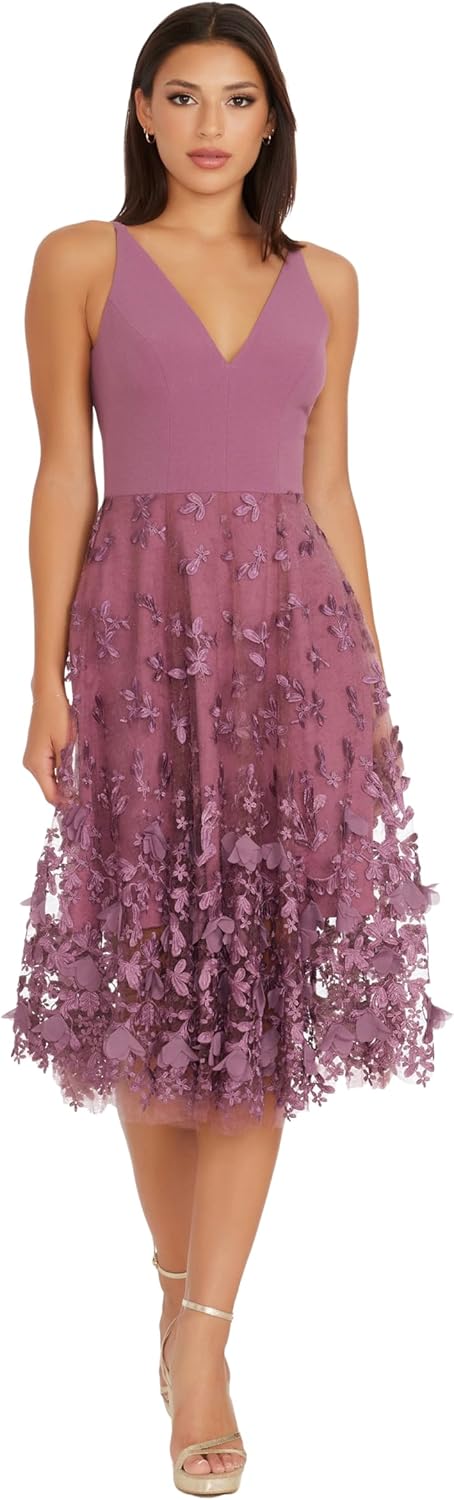 Dress the Population Darleen sleeveless plunging neckline fit and flare midi dress in [color] — view 4