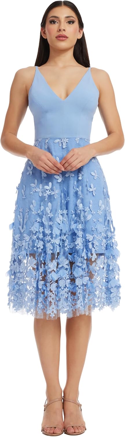 Dress the Population Darleen sleeveless plunging neckline fit and flare midi dress in [color] — view 5