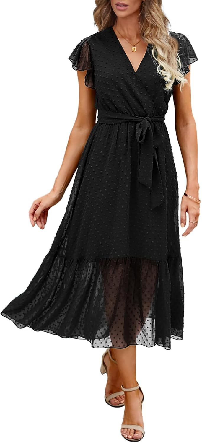 BTFBM women's white bohemian floral casual midi dress with V-neck, ruffle cap sleeves, wrap design, and pleated hem — view 1
