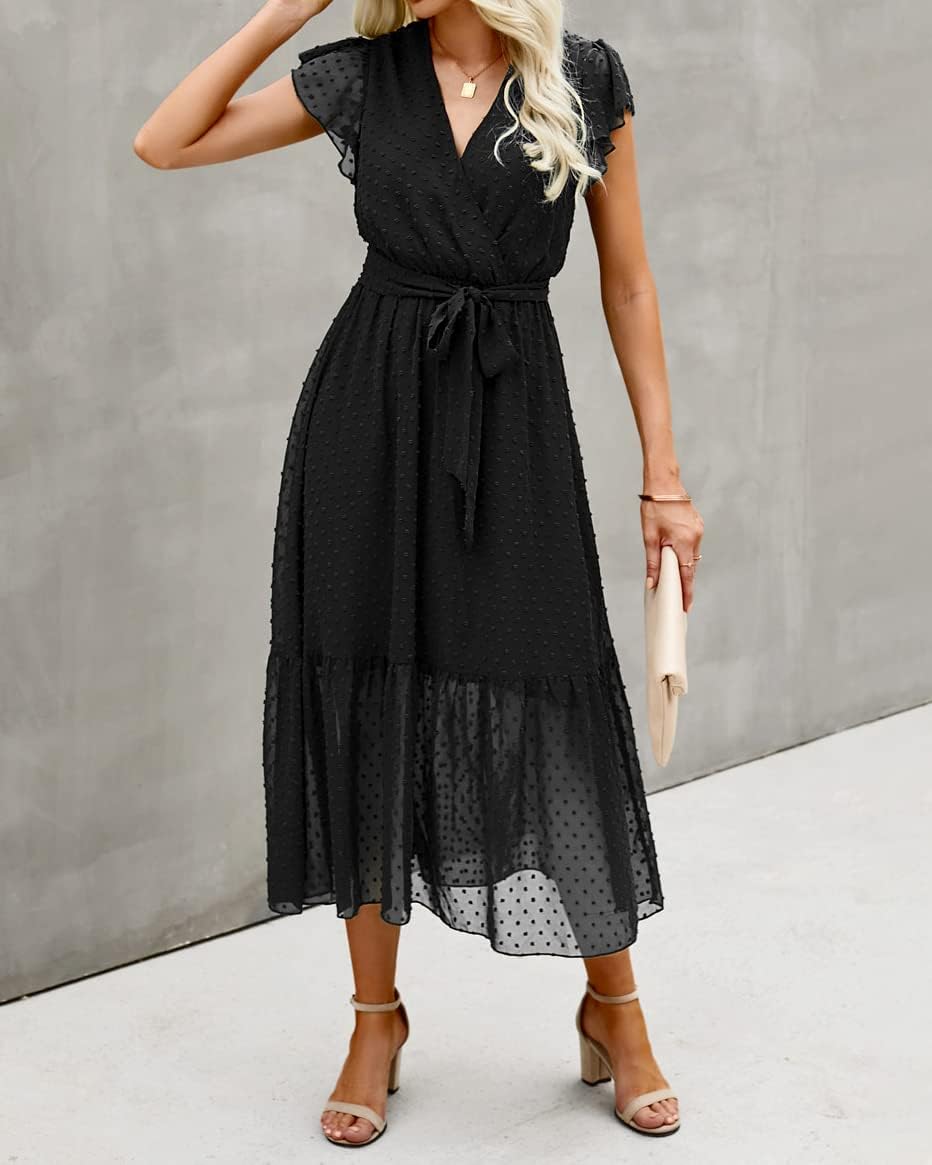 BTFBM women's white bohemian floral casual midi dress with V-neck, ruffle cap sleeves, wrap design, and pleated hem — view 2