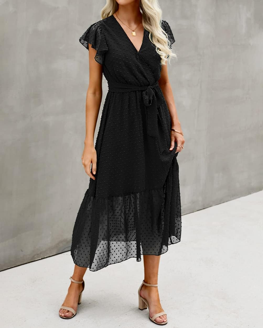 BTFBM women's white bohemian floral casual midi dress with V-neck, ruffle cap sleeves, wrap design, and pleated hem — view 3