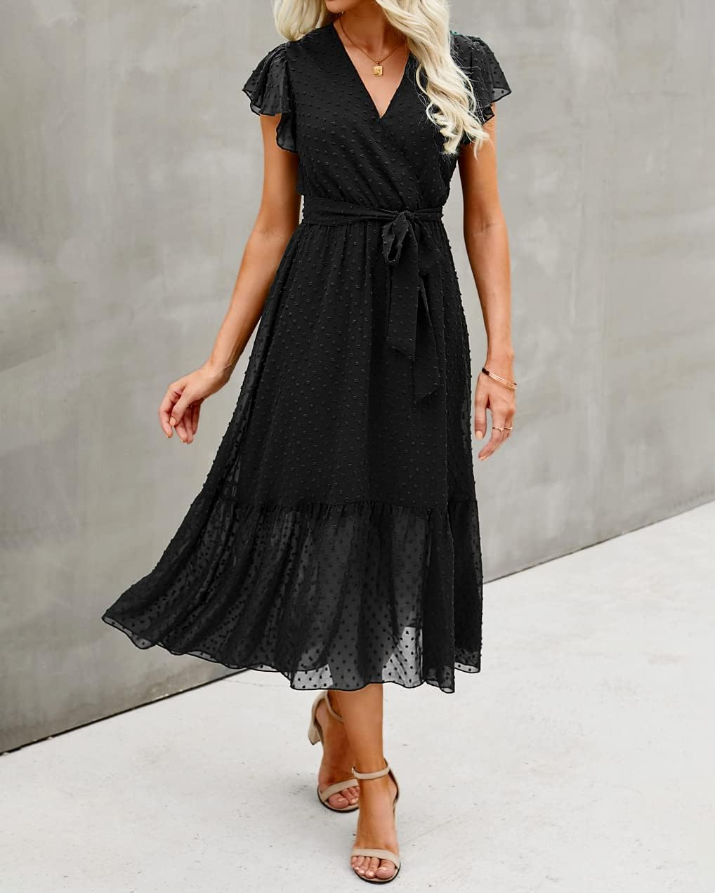 BTFBM women's white bohemian floral casual midi dress with V-neck, ruffle cap sleeves, wrap design, and pleated hem — view 4
