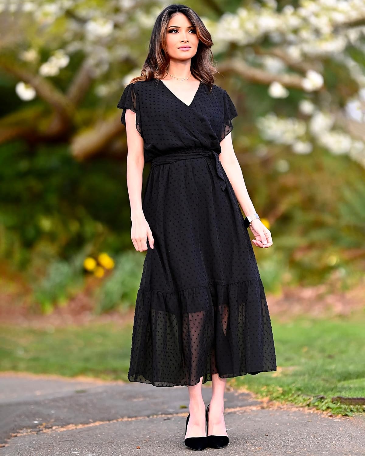 BTFBM women's white bohemian floral casual midi dress with V-neck, ruffle cap sleeves, wrap design, and pleated hem — view 2