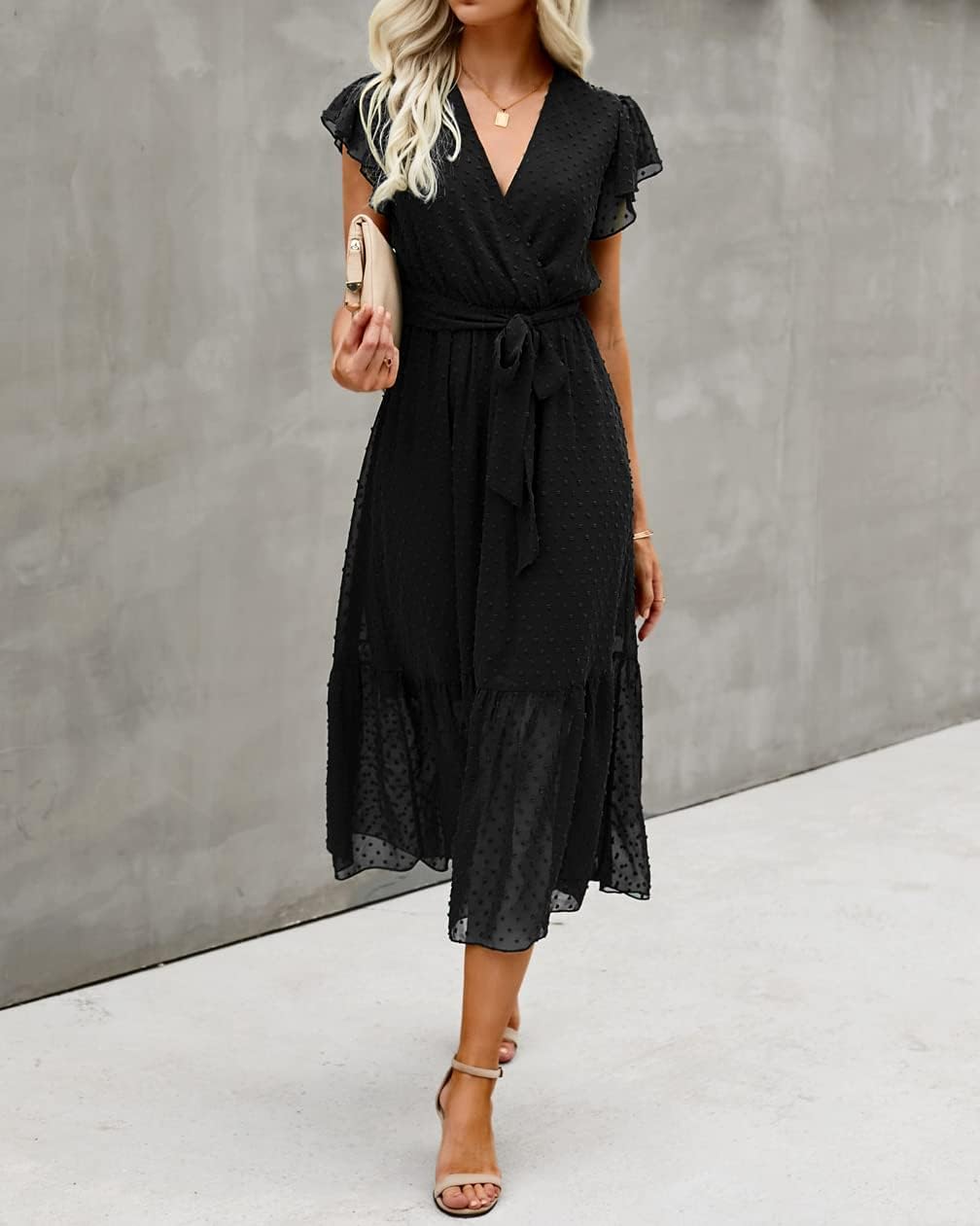 BTFBM women's white bohemian floral casual midi dress with V-neck, ruffle cap sleeves, wrap design, and pleated hem — view 3