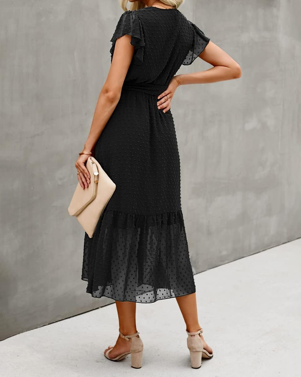 BTFBM women's white bohemian floral casual midi dress with V-neck, ruffle cap sleeves, wrap design, and pleated hem — view 4