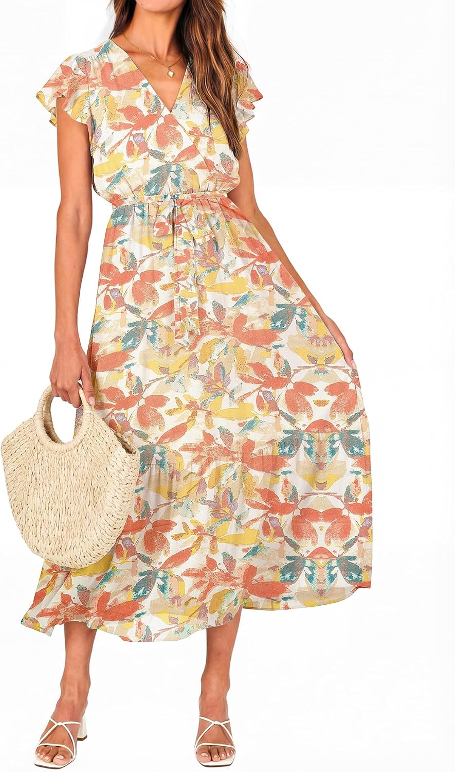 BTFBM women's white bohemian floral casual midi dress with V-neck, ruffle cap sleeves, wrap design, and pleated hem — view 5