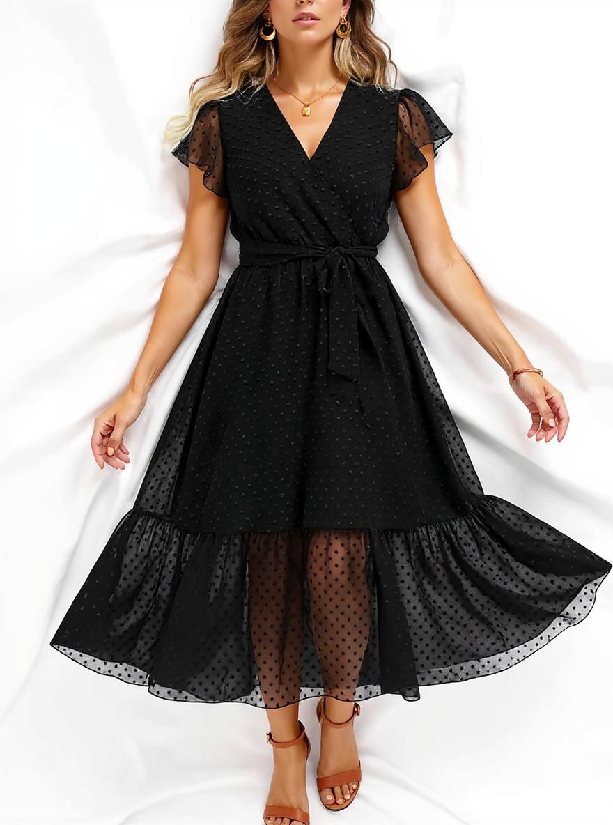 BTFBM women's white bohemian floral casual midi dress with V-neck, ruffle cap sleeves, wrap design, and pleated hem — view 7 a