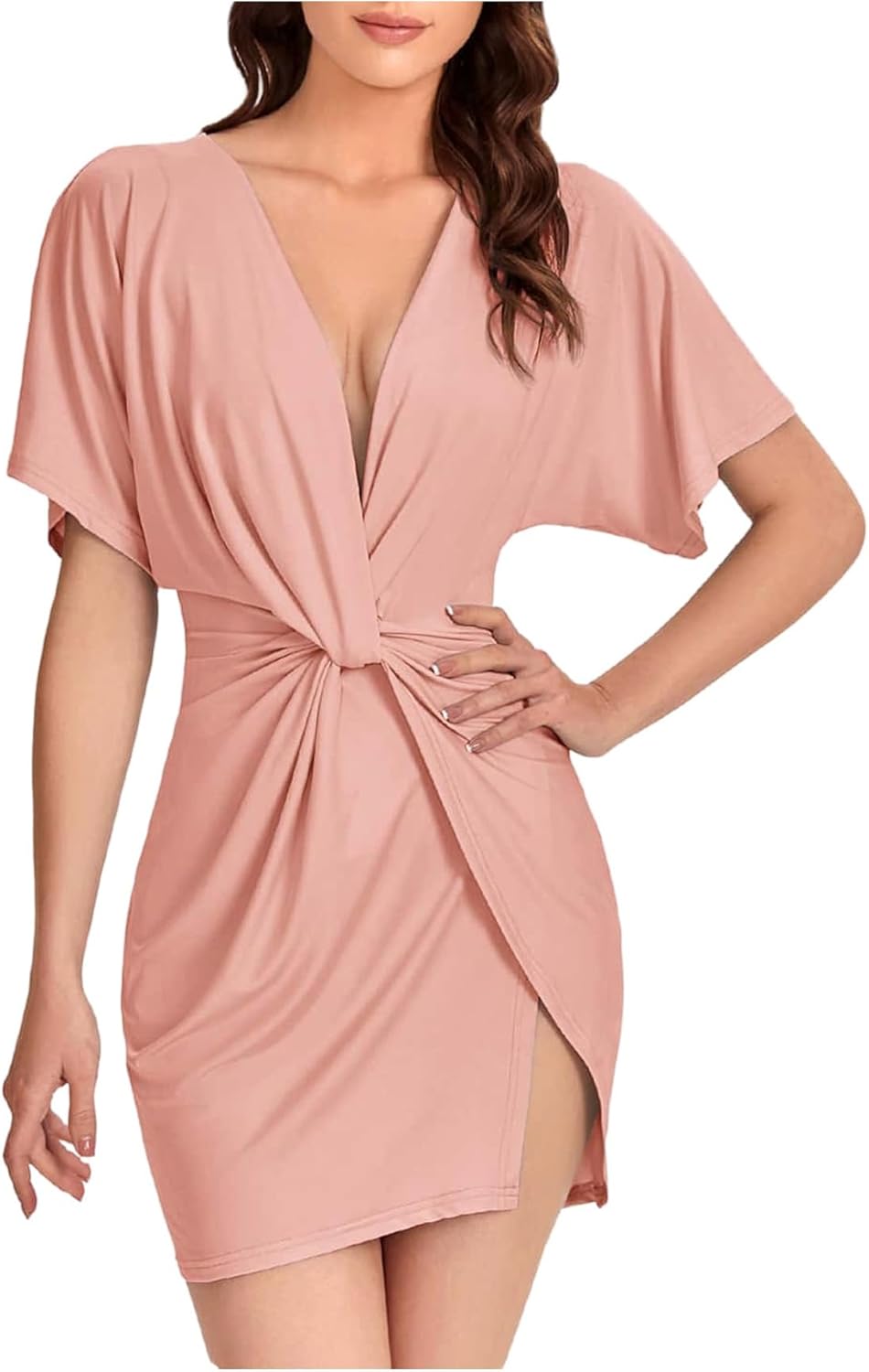 Floerns women's deep V-neck twisted mini party dress in [color] with plunging neckline and high slit — view 4