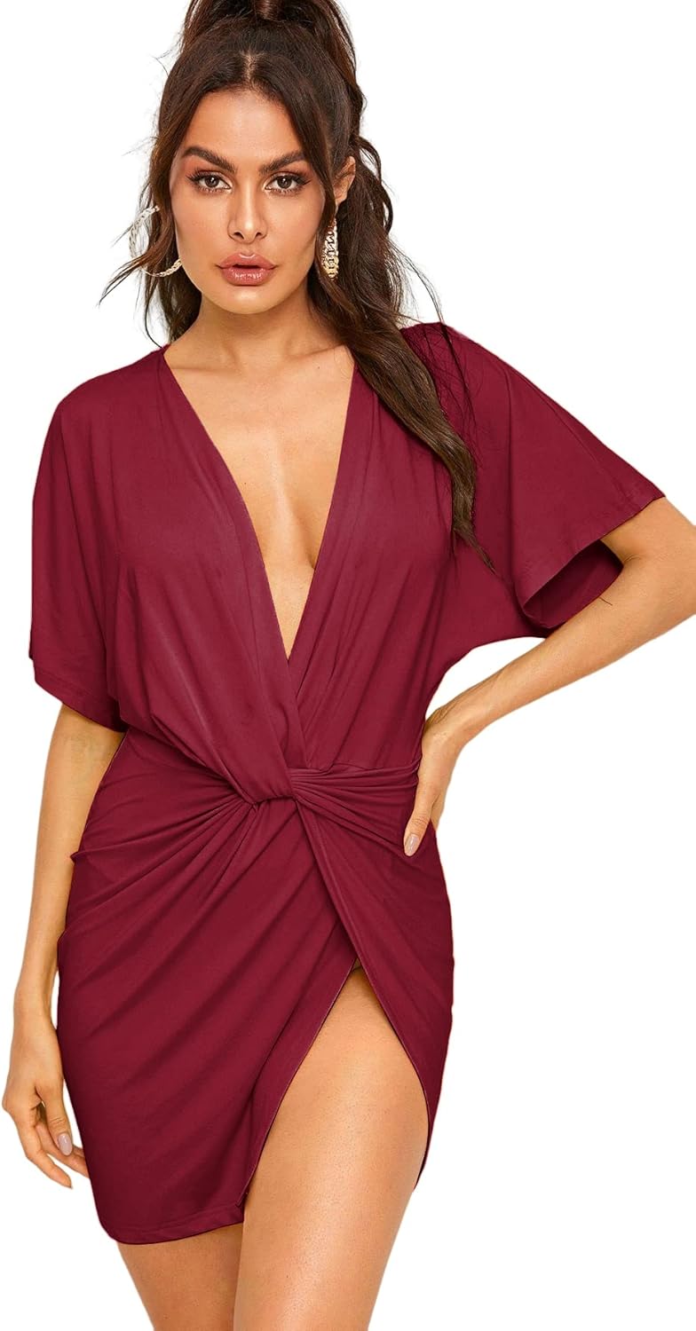 Floerns women's deep V-neck twisted mini party dress in [color] with plunging neckline and high slit — view 5