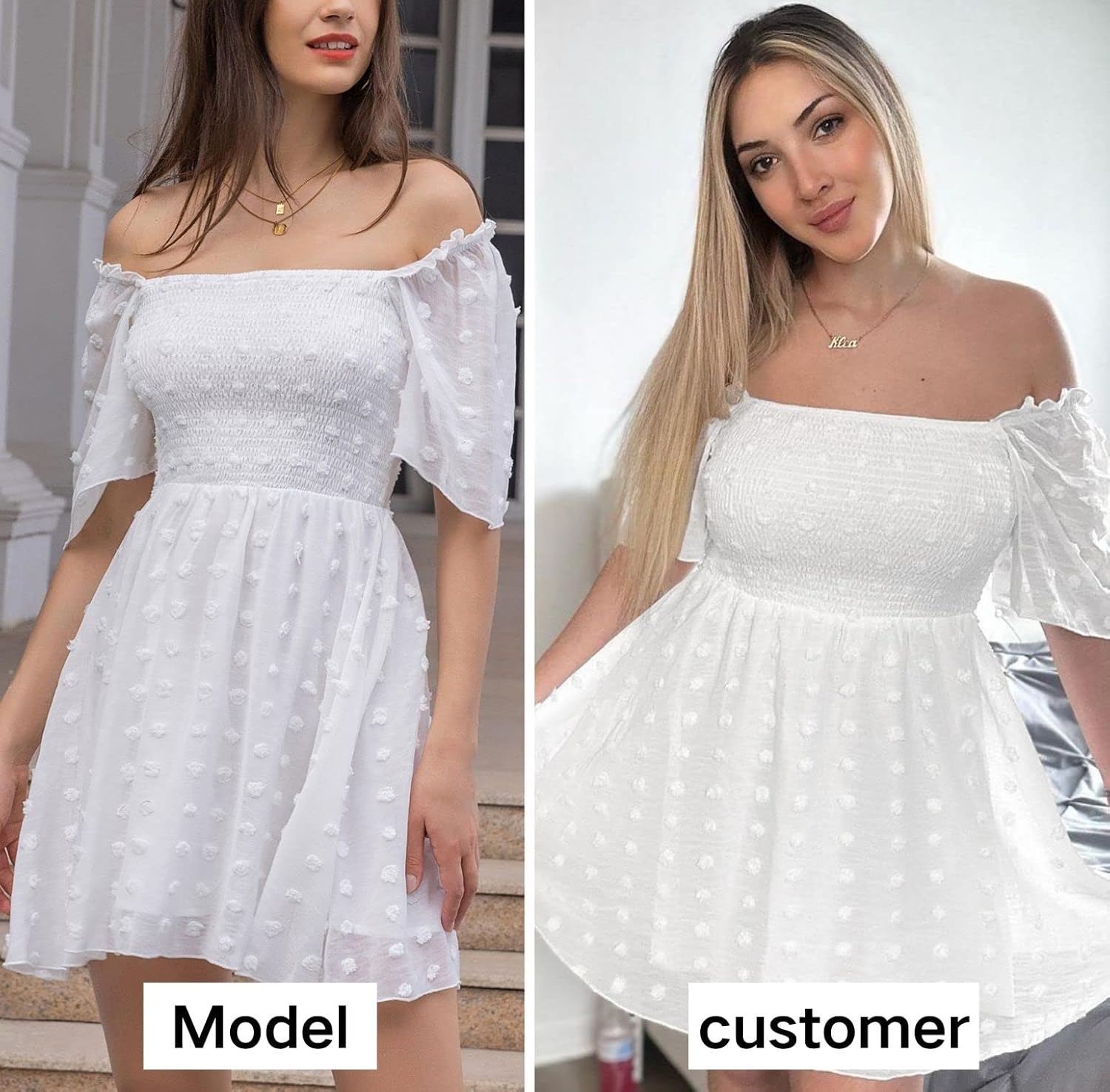 EXLURA women's {color} polka dot short sleeve casual mini dress with square neck and ruffle details — view 4