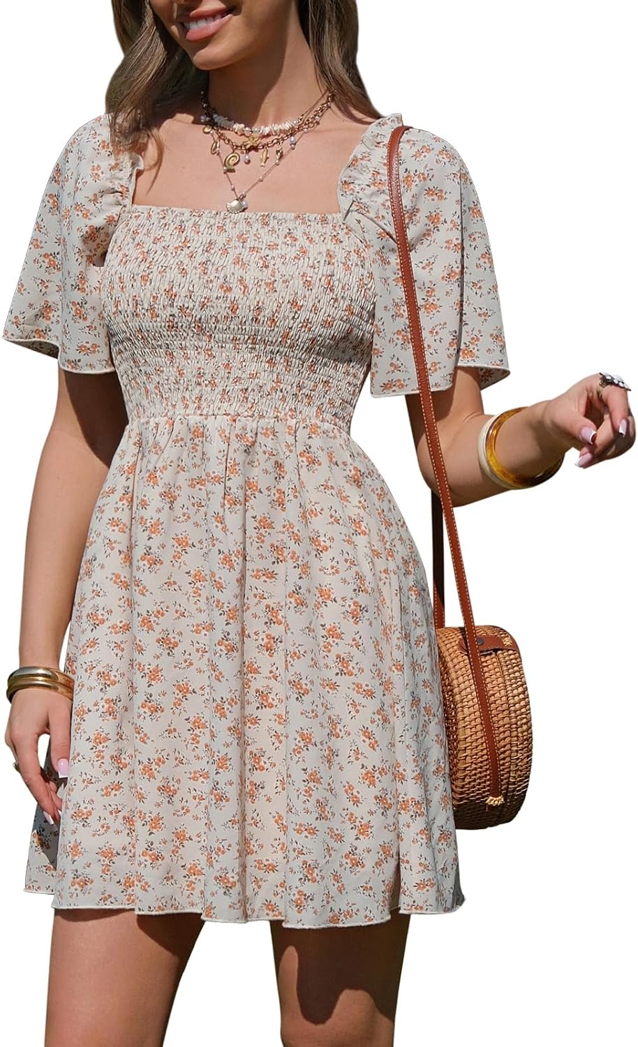 EXLURA women's {color} polka dot short sleeve casual mini dress with square neck and ruffle details — view 3