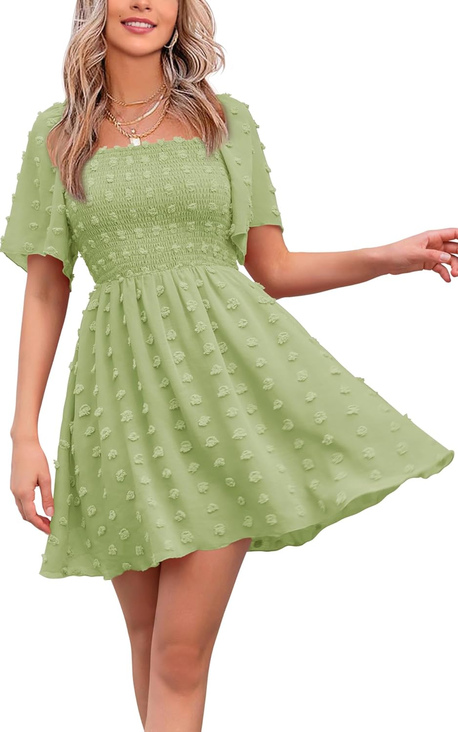 EXLURA women's {color} polka dot short sleeve casual mini dress with square neck and ruffle details — view 4