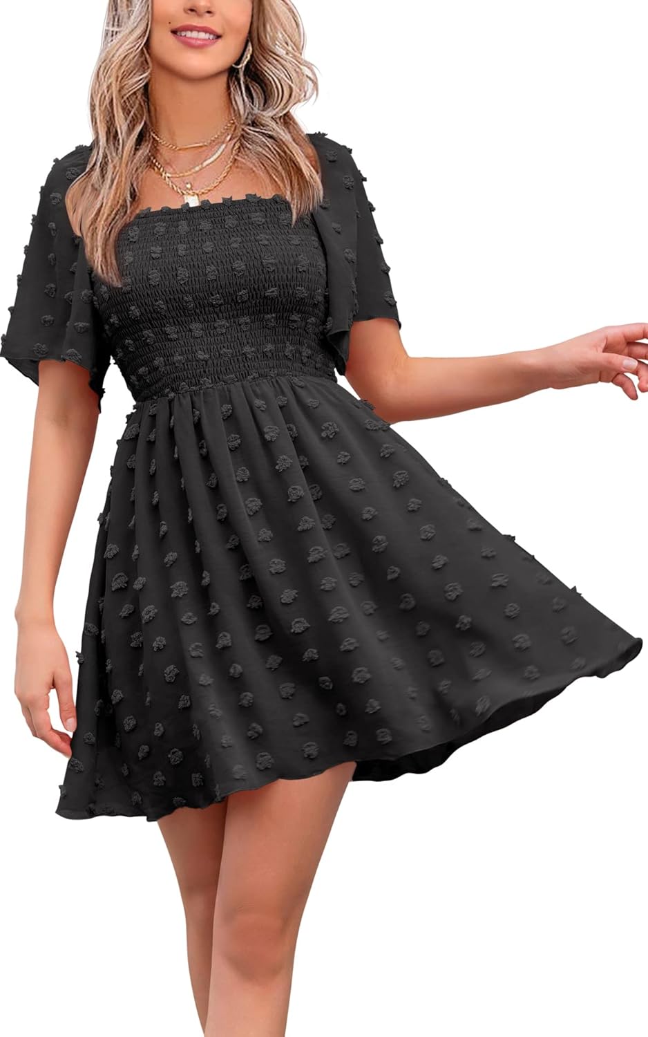 EXLURA women's {color} polka dot short sleeve casual mini dress with square neck and ruffle details — view 5