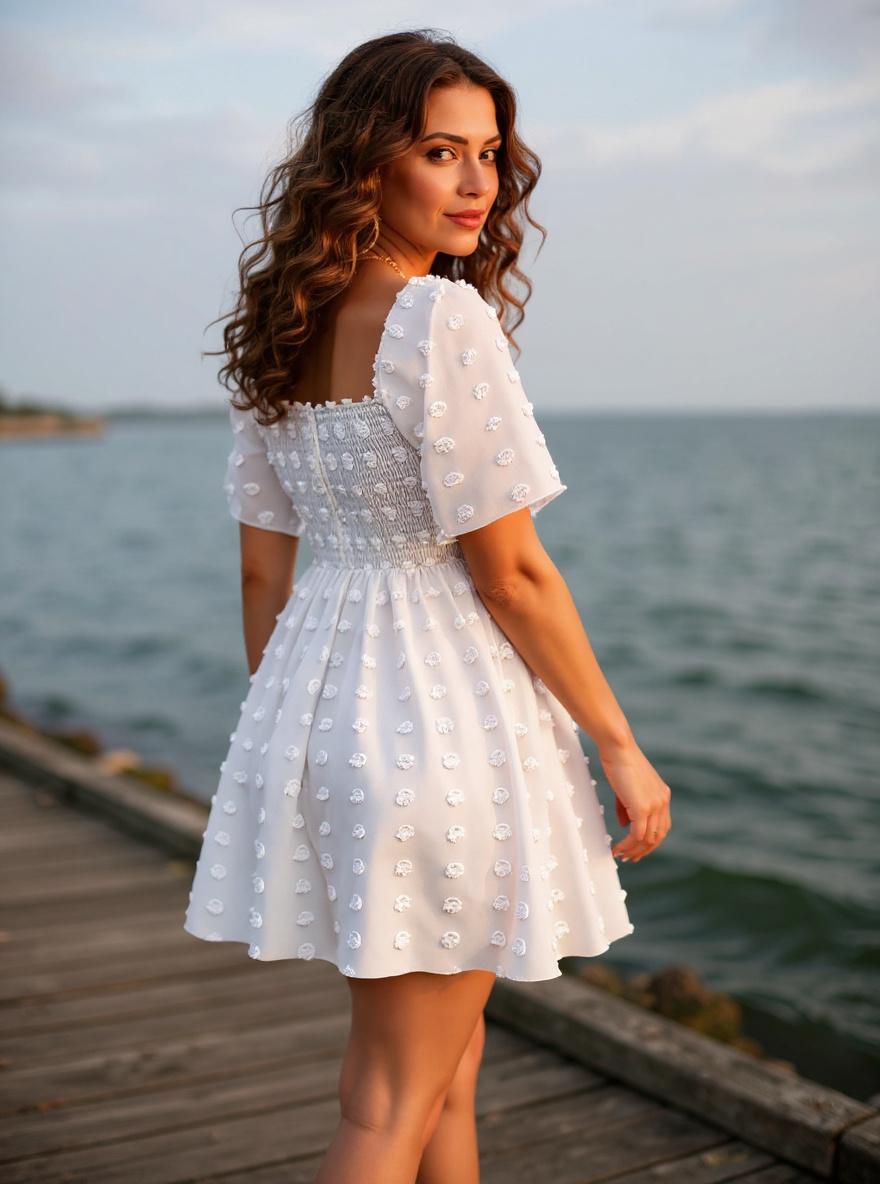 EXLURA women's {color} polka dot short sleeve casual mini dress with square neck and ruffle details — view 2