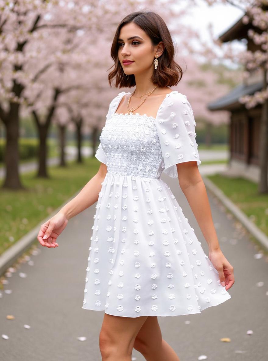 EXLURA women's {color} polka dot short sleeve casual mini dress with square neck and ruffle details — view 3