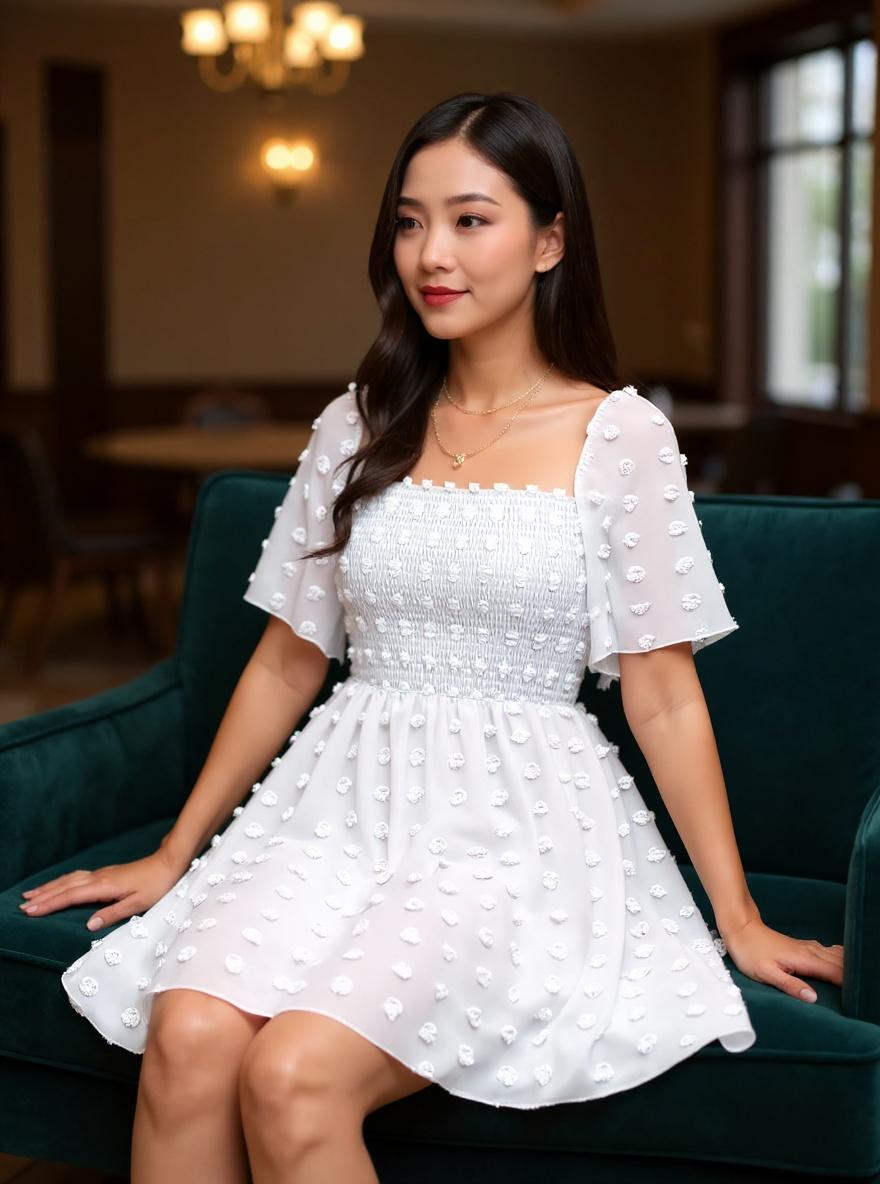 EXLURA women's {color} polka dot short sleeve casual mini dress with square neck and ruffle details — view 4
