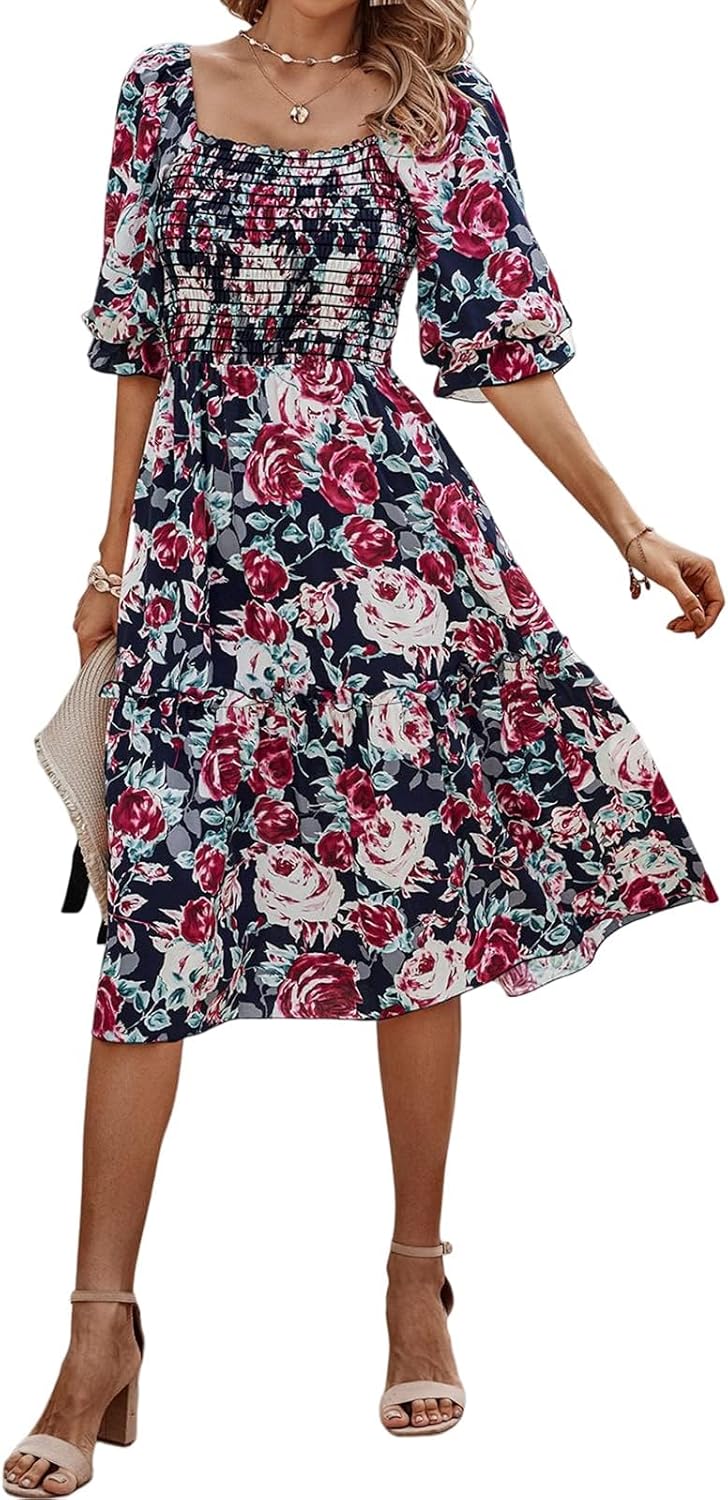 PRETTYGARDEN women's boho floral midi dress in {color} with puff sleeves and smocked waist, front view — view 1