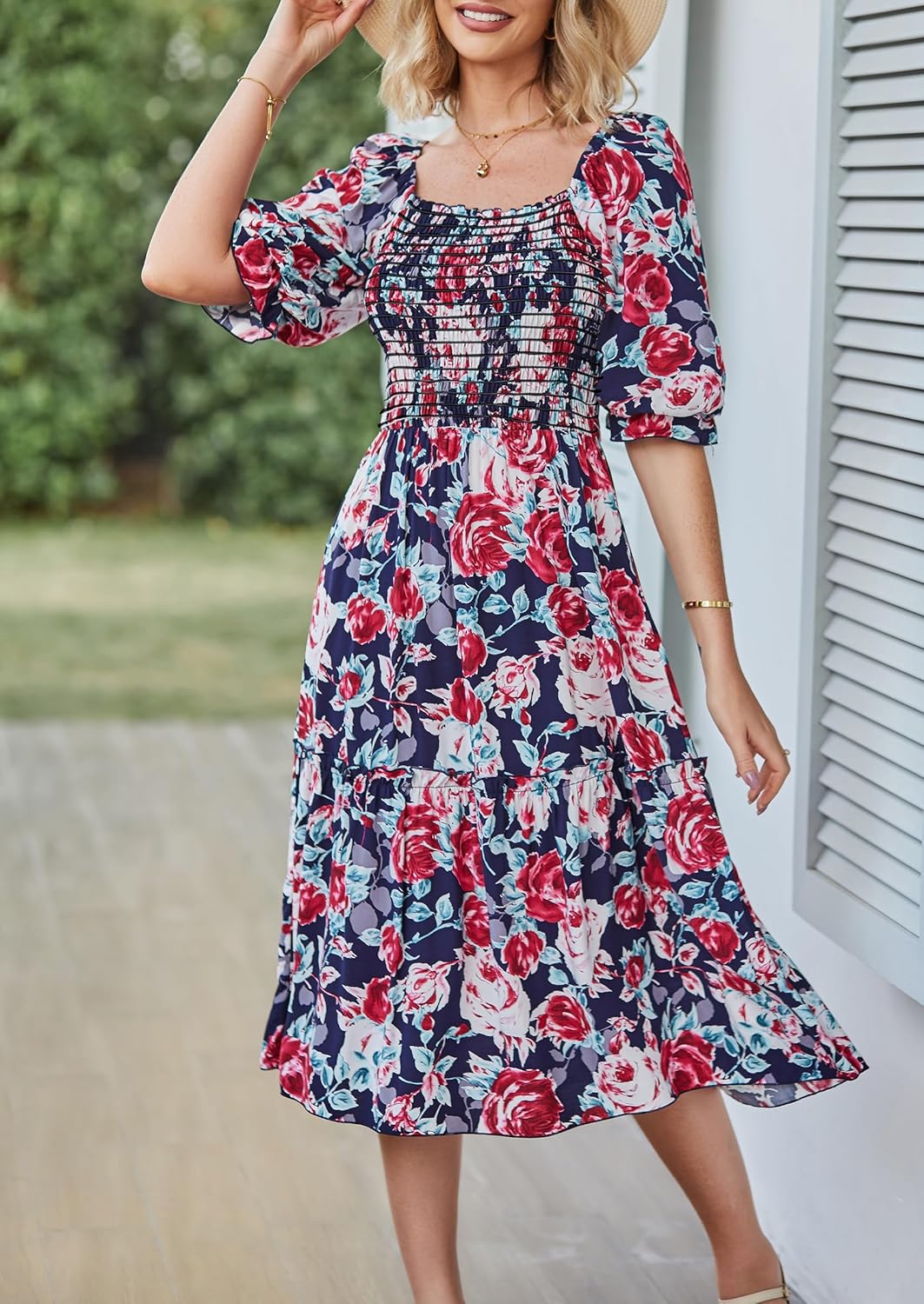 PRETTYGARDEN women's boho floral midi dress in {color} with puff sleeves and smocked waist, front view — view 2