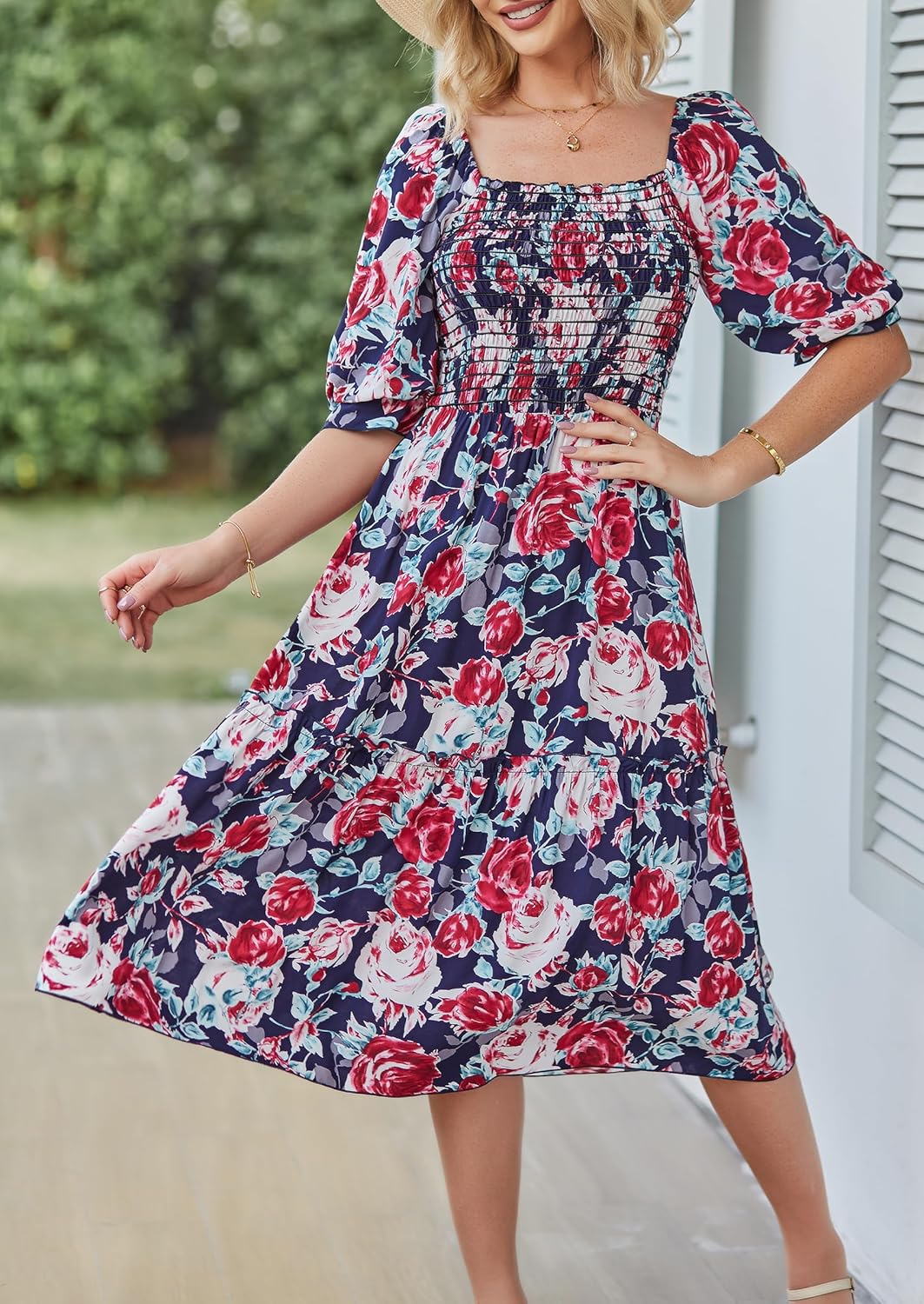 PRETTYGARDEN women's boho floral midi dress in {color} with puff sleeves and smocked waist, front view — view 3