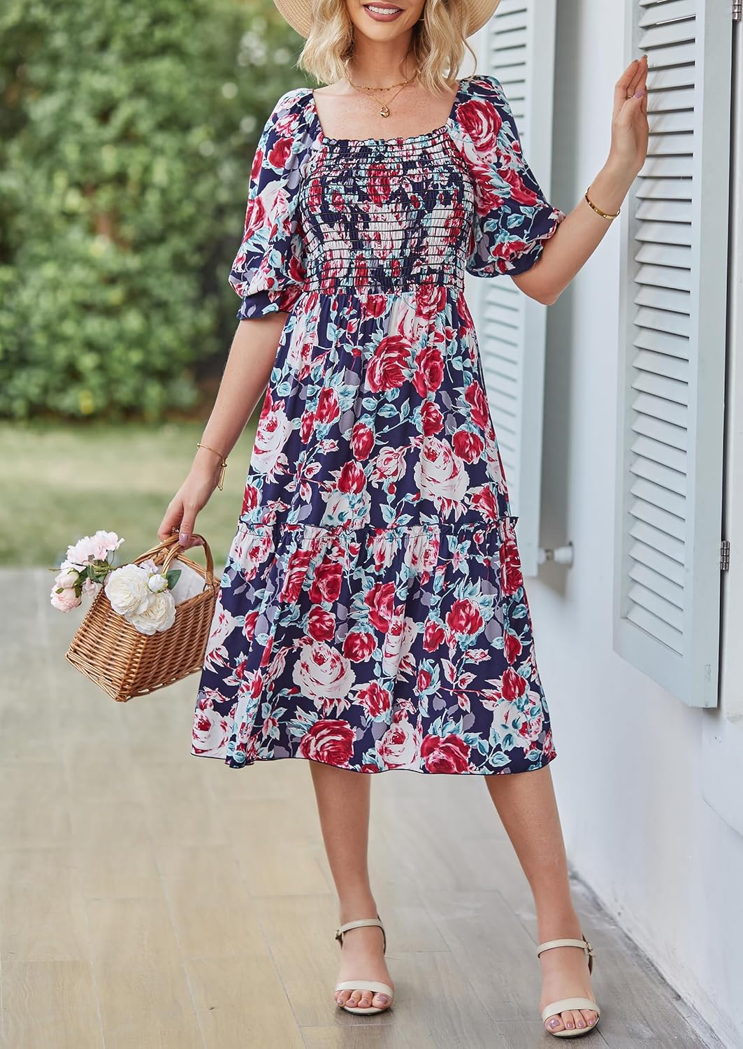 PRETTYGARDEN women's boho floral midi dress in {color} with puff sleeves and smocked waist, front view — view 4