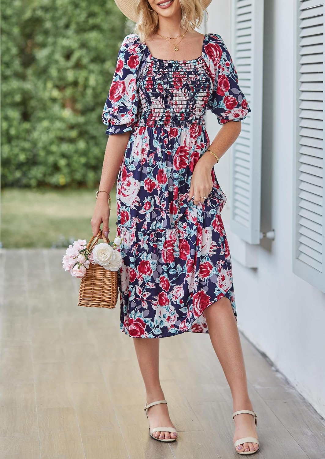 PRETTYGARDEN women's boho floral midi dress in {color} with puff sleeves and smocked waist, front view — view 2