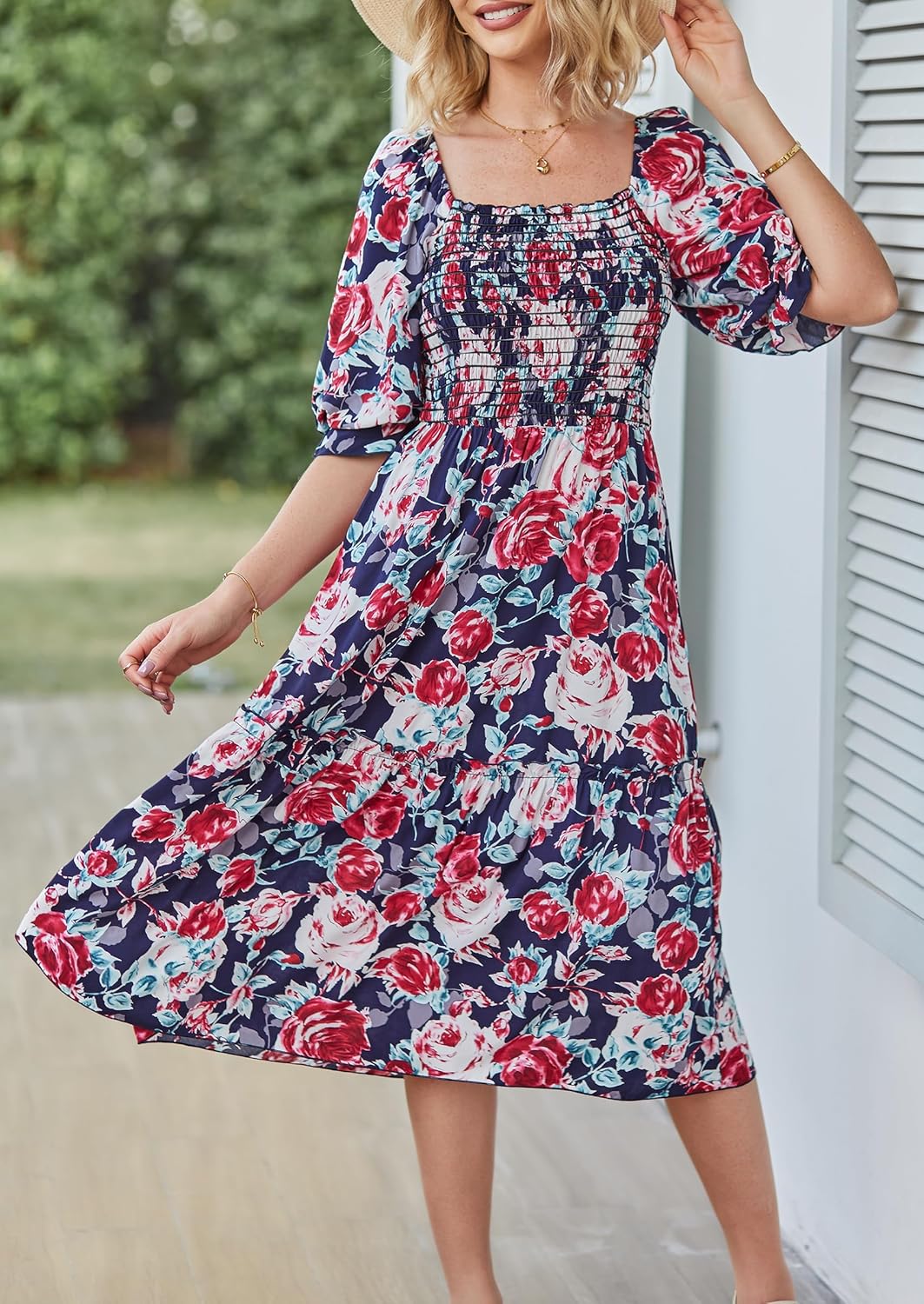 PRETTYGARDEN women's boho floral midi dress in {color} with puff sleeves and smocked waist, front view — view 3