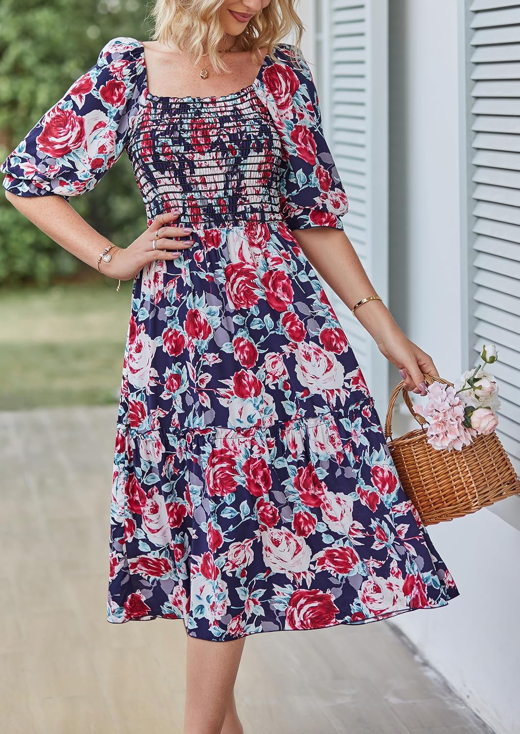 PRETTYGARDEN women's boho floral midi dress in {color} with puff sleeves and smocked waist, front view — view 4