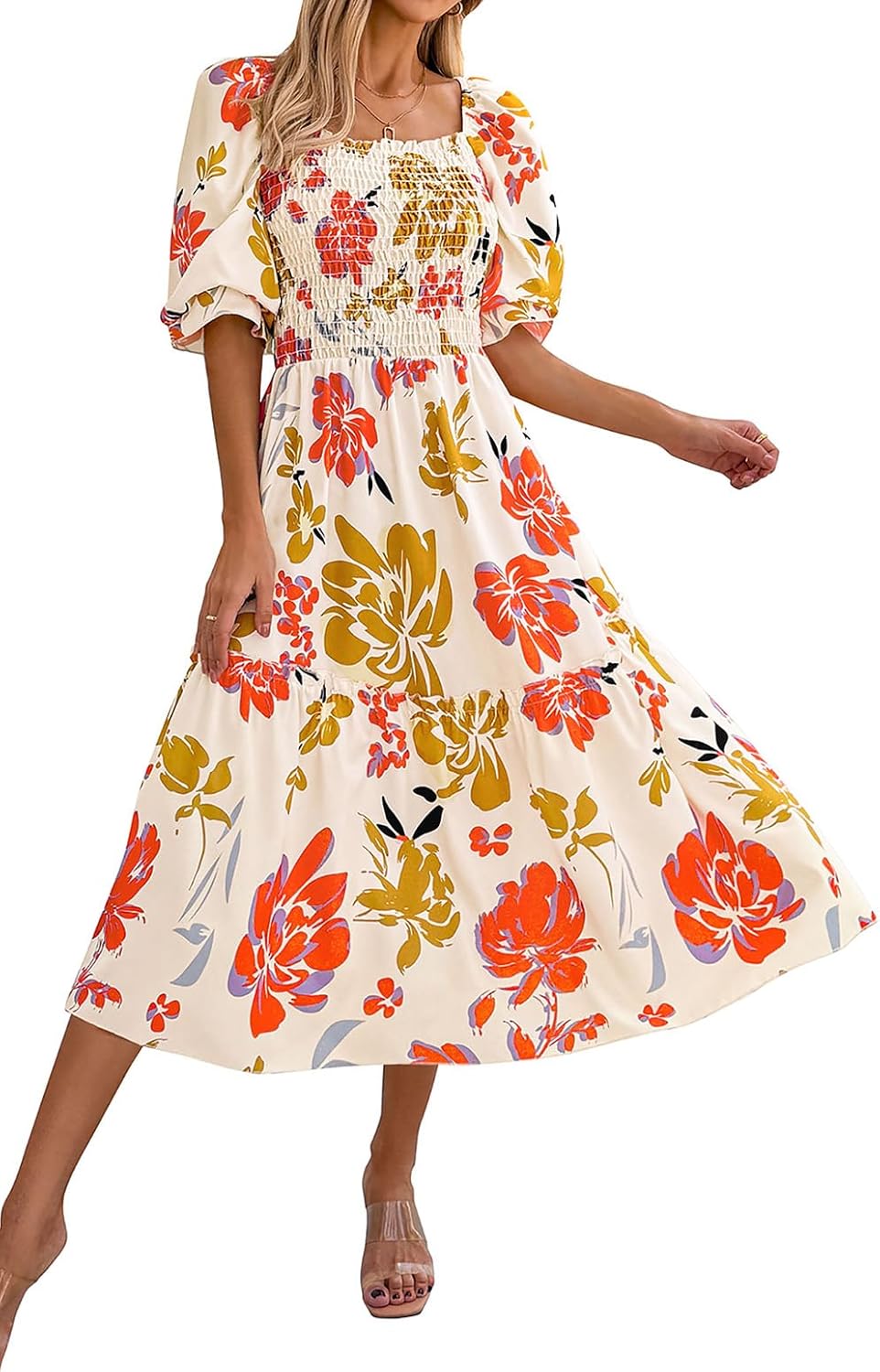 PRETTYGARDEN women's boho floral midi dress in {color} with puff sleeves and smocked waist, front view — view 5