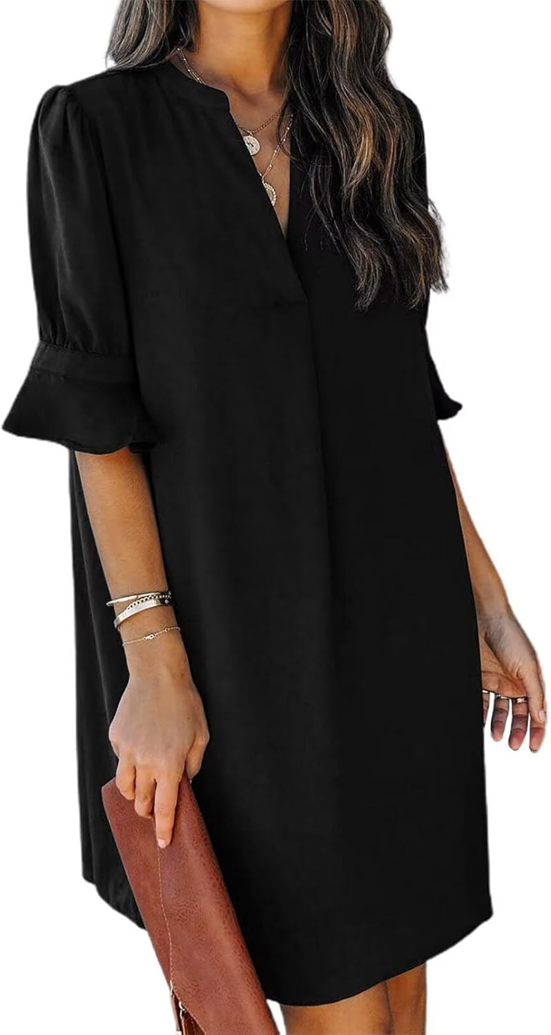QACOHU women's casual summer dress with V-neckline, ruffle short sleeves, and shift silhouette in [color] — view 1