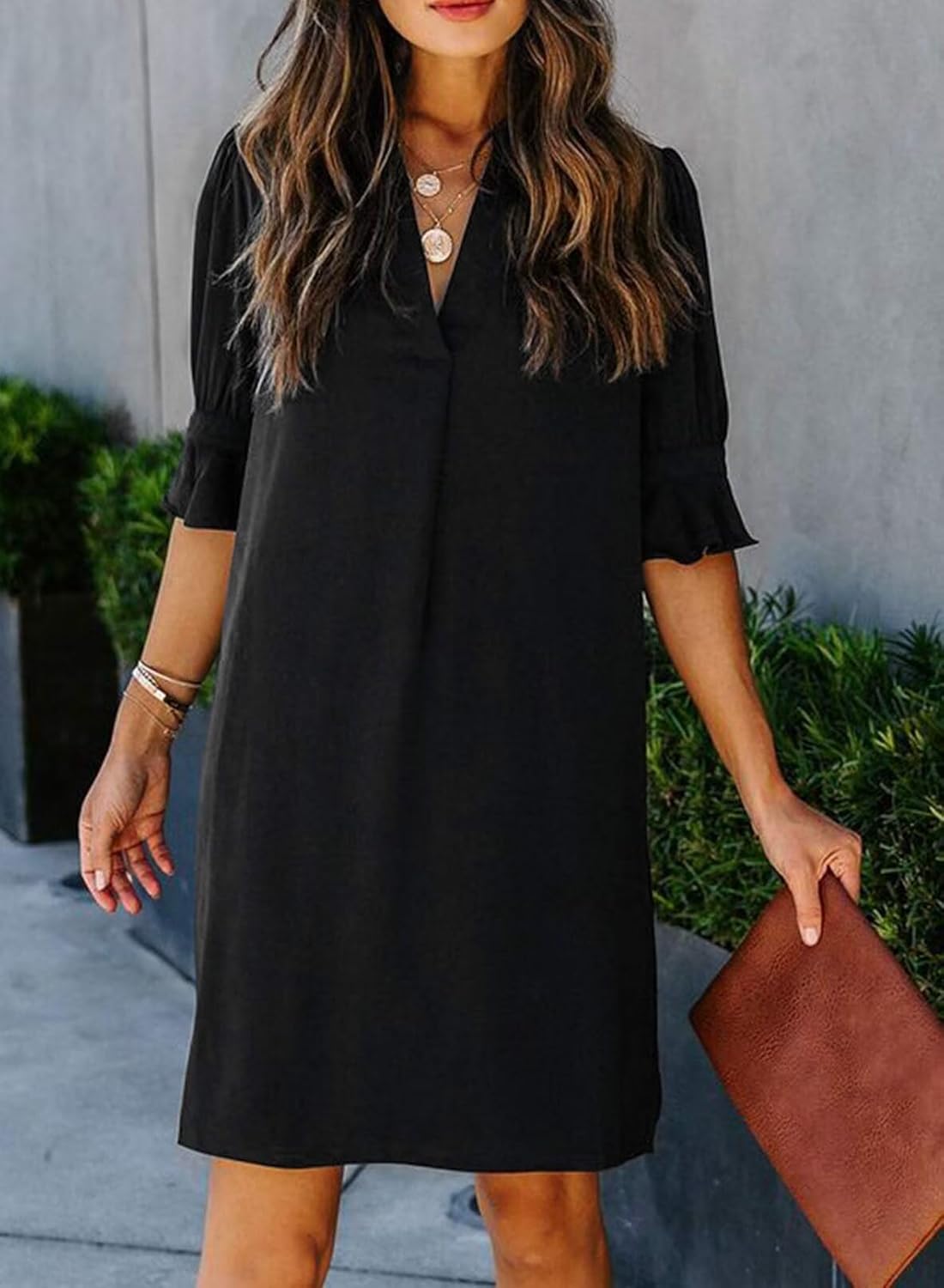 QACOHU women's casual summer dress with V-neckline, ruffle short sleeves, and shift silhouette in [color] — view 4