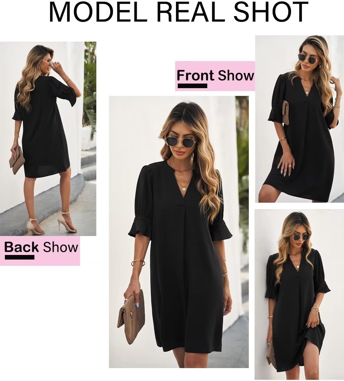QACOHU women's casual summer dress with V-neckline, ruffle short sleeves, and shift silhouette in [color] — view 4