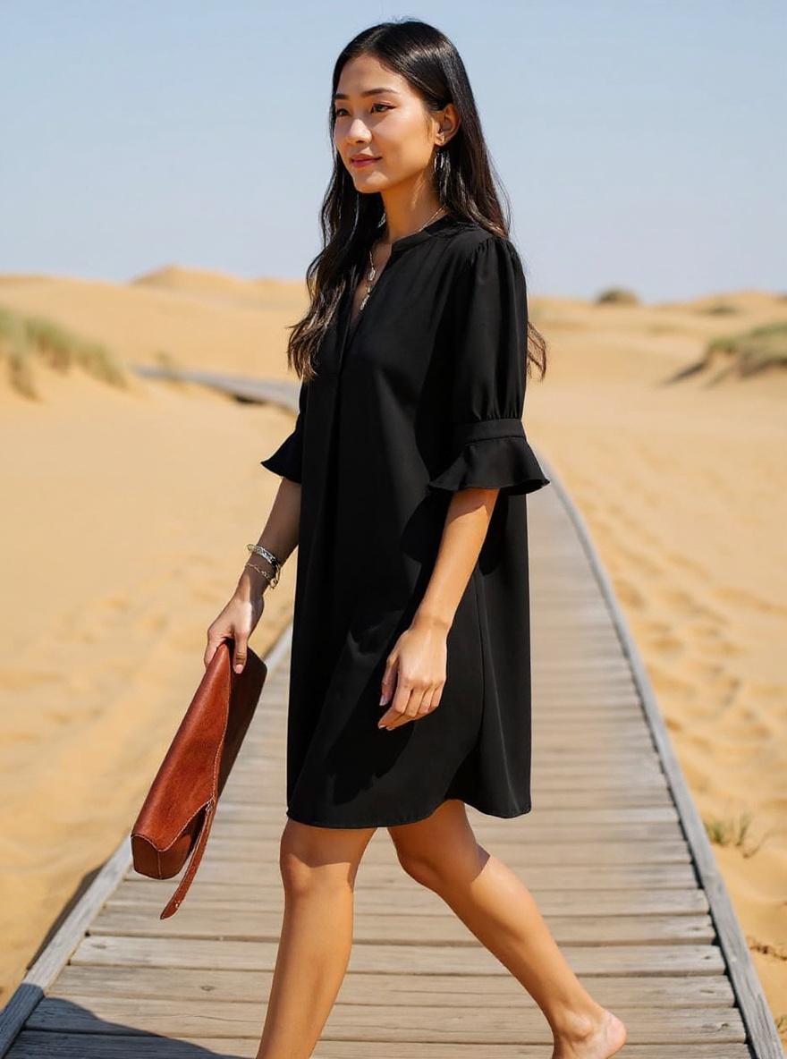 QACOHU women's casual summer dress with V-neckline, ruffle short sleeves, and shift silhouette in [color] — view 3