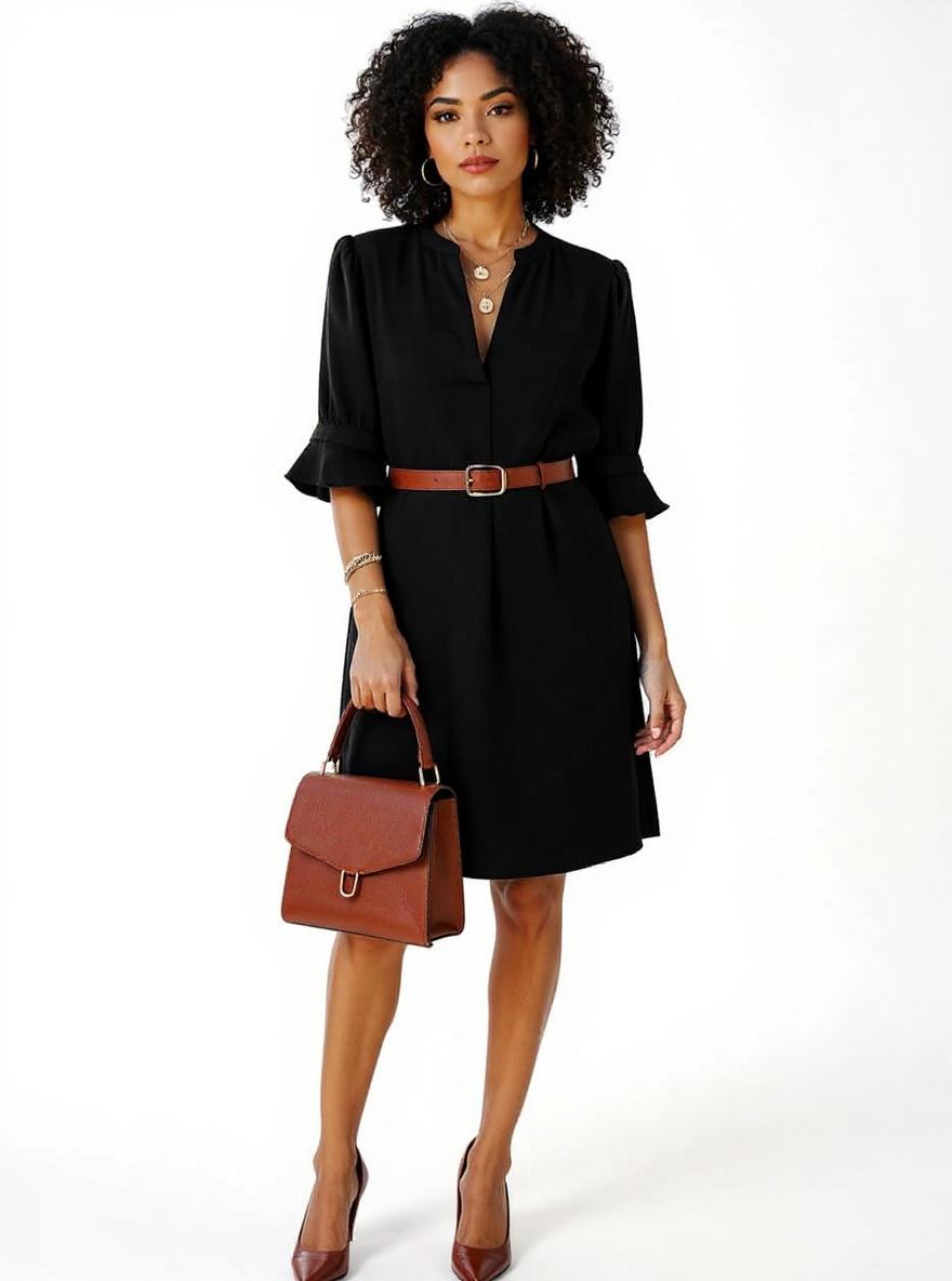 QACOHU women's casual summer dress with V-neckline, ruffle short sleeves, and shift silhouette in [color] — view 5 a
