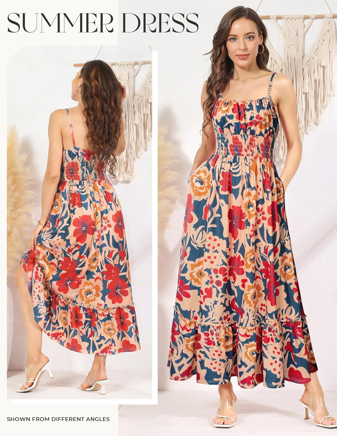GRACE KARIN {color} smocked floral boho maxi beach dress with pockets, front view — view 3