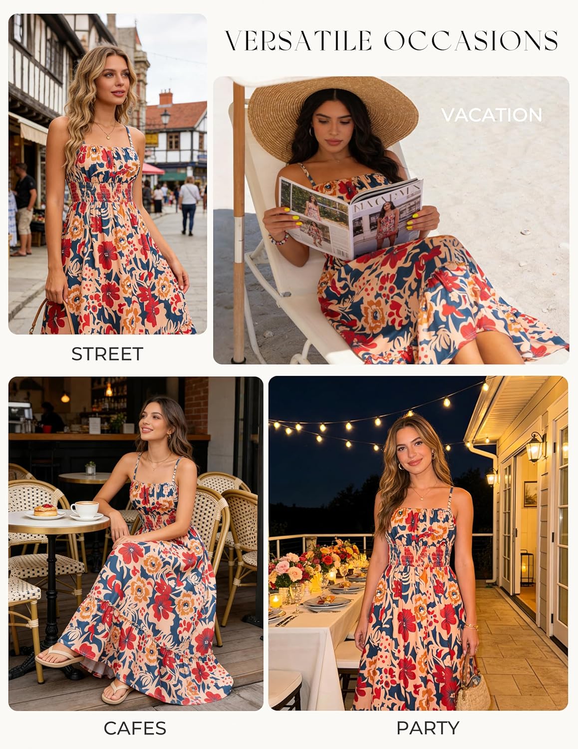 GRACE KARIN {color} smocked floral boho maxi beach dress with pockets, front view — view 4