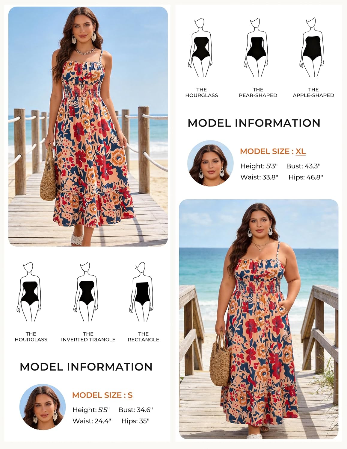 GRACE KARIN {color} smocked floral boho maxi beach dress with pockets, front view — view 3