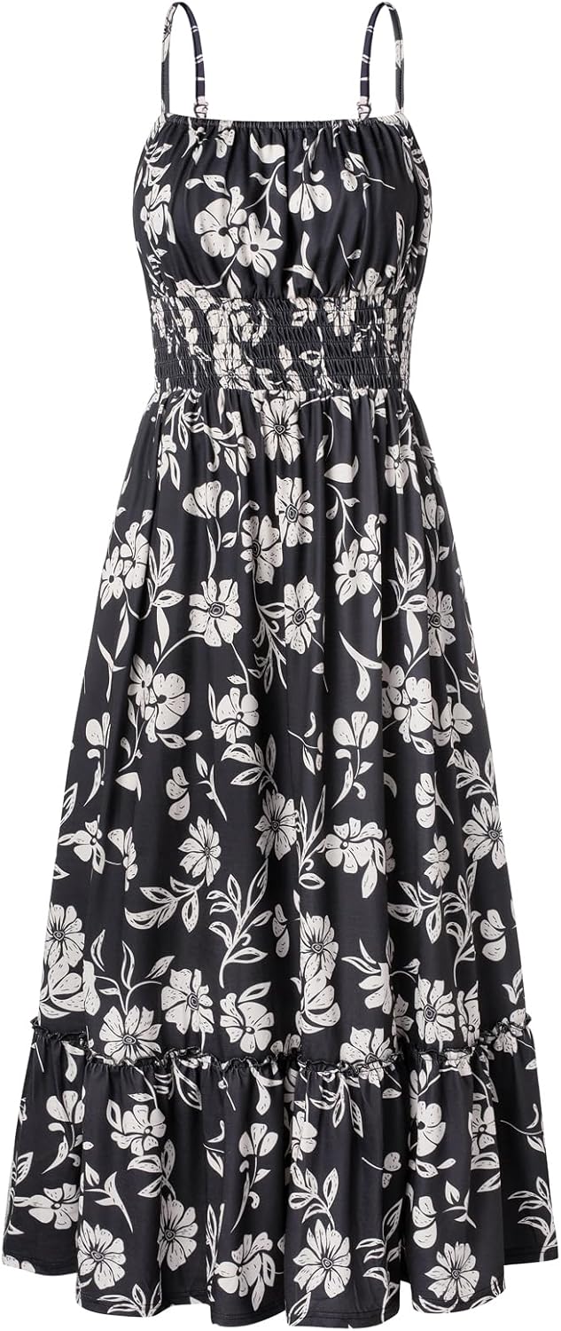 GRACE KARIN {color} smocked floral boho maxi beach dress with pockets, front view — view 4