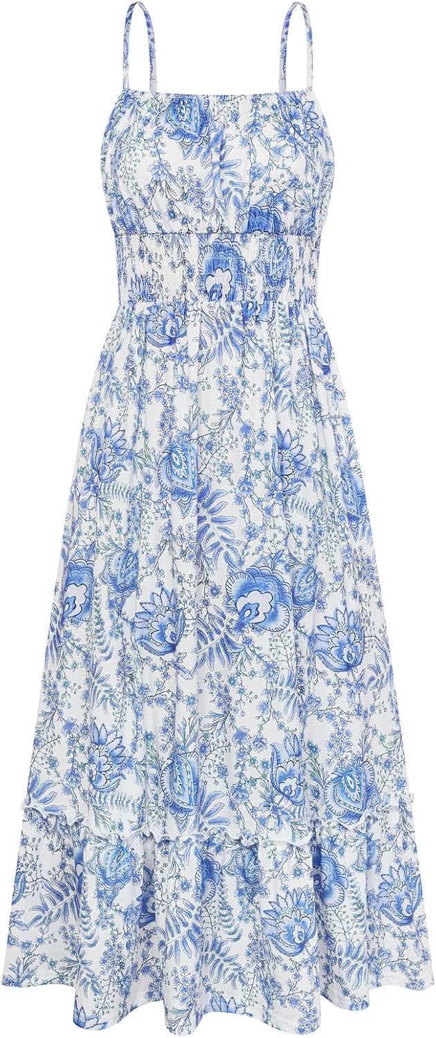 GRACE KARIN {color} smocked floral boho maxi beach dress with pockets, front view — view 5